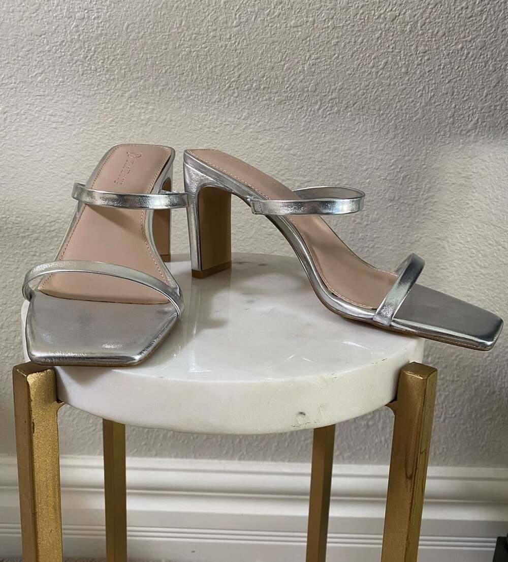 The Drop Avery Square Toe Two Strap High Heel Sandal Size 8.5 Silver
